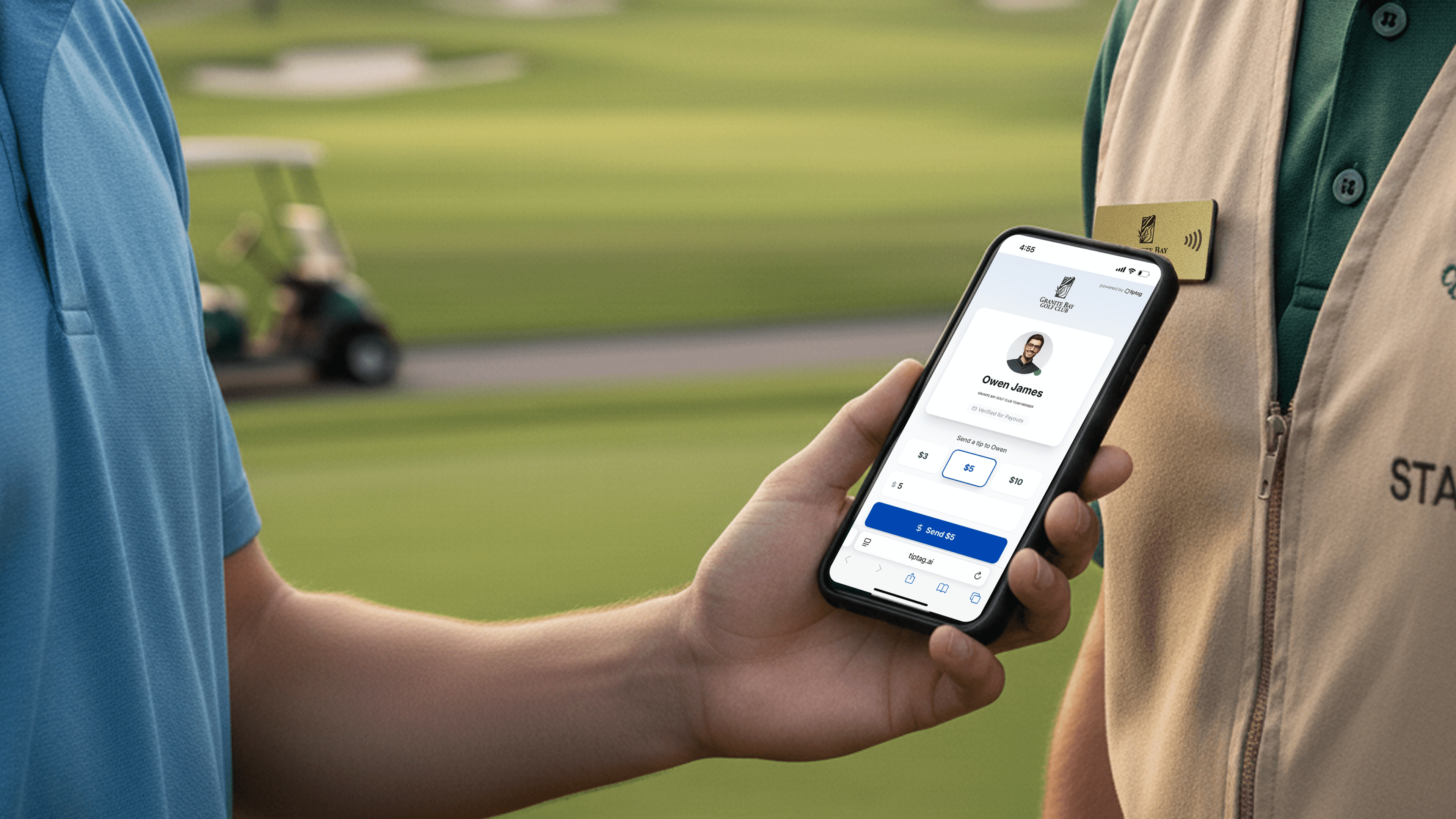 Guest tapping an NFC Tiptag on a golf course to send a cashless tip in seconds.